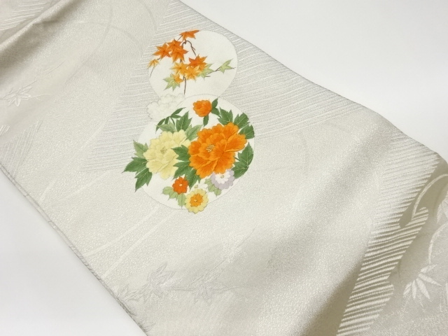 リサイクル　丸文に牡丹・紅葉模様刺繍名古屋帯